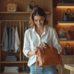 Femme élégante inspectant un sac de luxe d'occasion