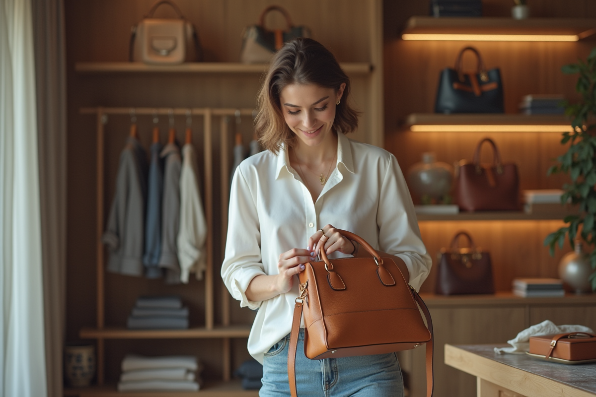 Femme élégante inspectant un sac de luxe d'occasion