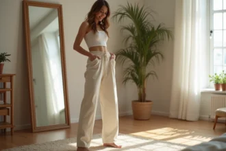 Jeune femme ajustant son pantalon Halarastyle dans une chambre lumineuse