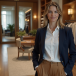 Femme élégante en blazer dans une boutique chic