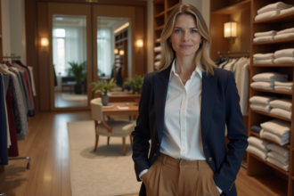 Femme élégante en blazer dans une boutique chic