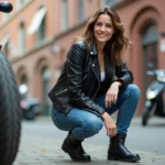 Femme en moto dans une rue urbaine authentique