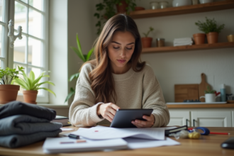 Jeune femme triant des objets personnels dans sa cuisine