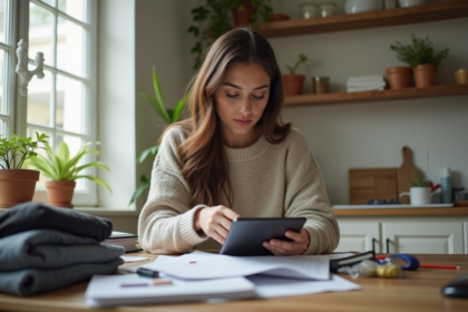Jeune femme triant des objets personnels dans sa cuisine