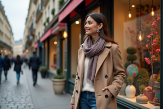 Femme élégante regardant les vitrines parisiennes