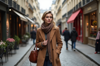 Jeune femme élégante dans une rue parisienne animée