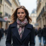Femme parisienne en trench bleu dans la rue