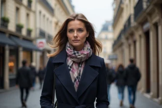 Femme parisienne en trench bleu dans la rue