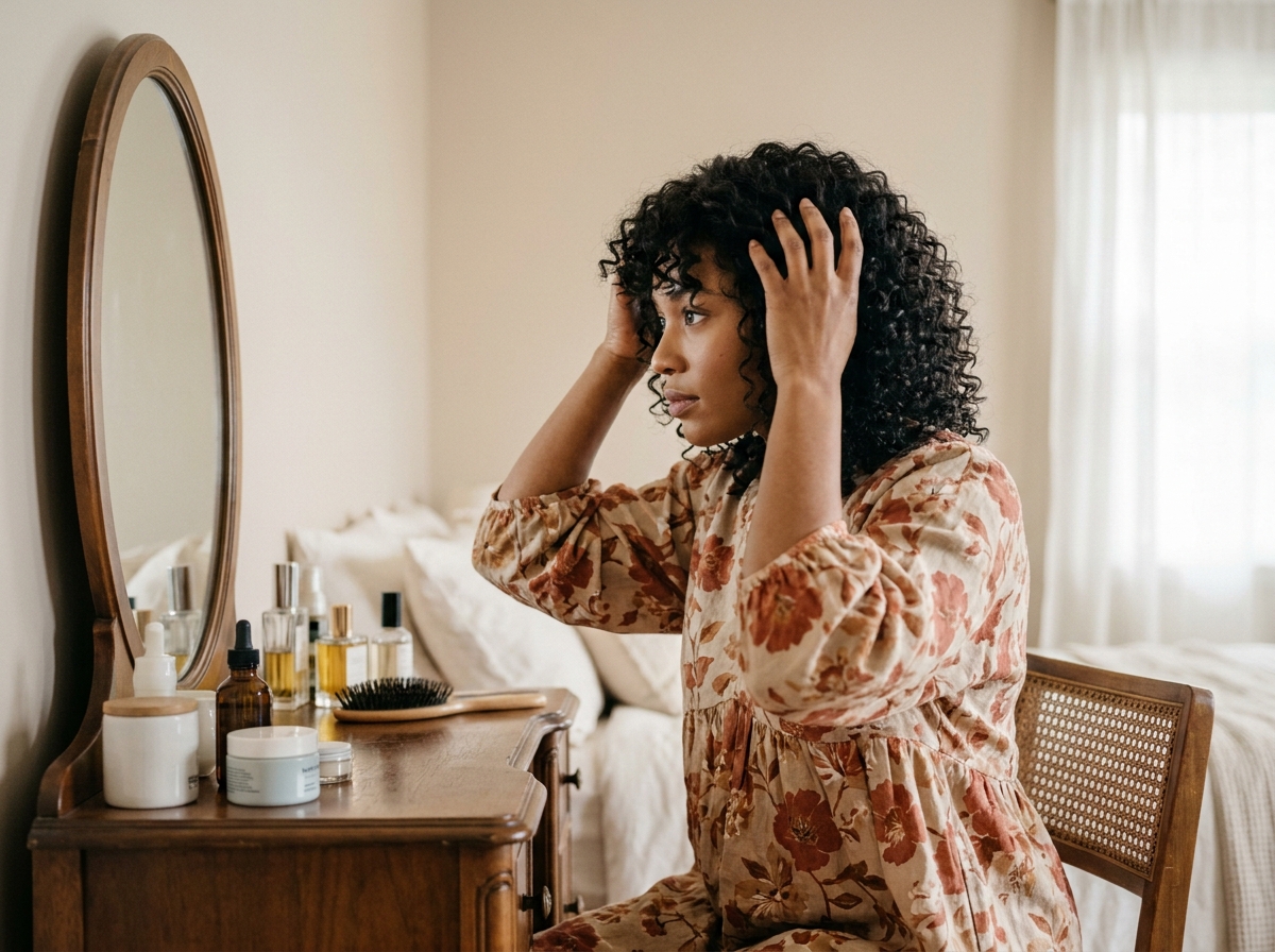 Jeune femme installant une perruque bouclée en cheveux naturels devant un miroir de coiffeuse dans sa chambre