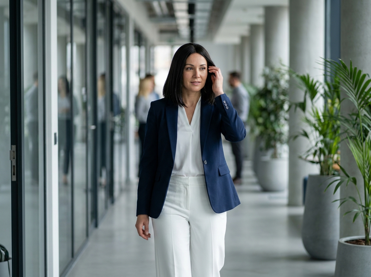 Femme d'affaires portant une perruque naturelle lisse dans un couloir de bureau moderne