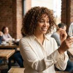 Femme portant une perruque en cheveux naturels ondulés dans un café urbain, souriant à son reflet dans un miroir