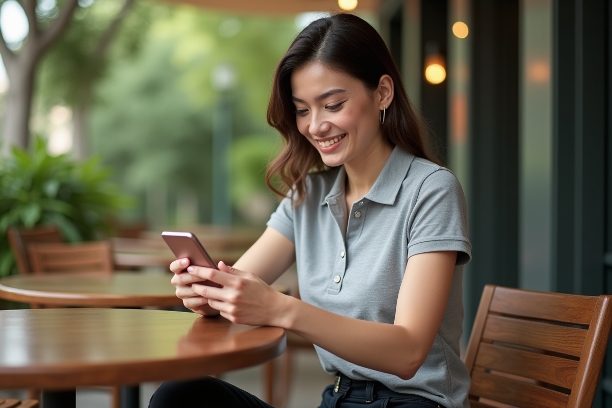 Femme souriante en polo dans un café en plein air