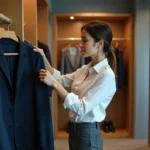 Femme professionnelle choisissant une veste de tailleur dans un vestiaire d'entreprise moderne et bien organisé