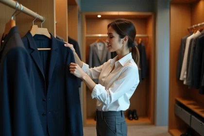 Femme professionnelle choisissant une veste de tailleur dans un vestiaire d'entreprise moderne et bien organisé