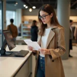 Femme vérifiant un reçu dans un magasin de vêtements moderne