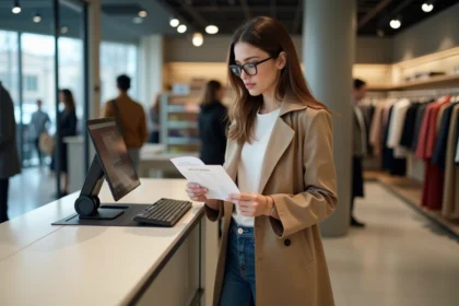 Femme vérifiant un reçu dans un magasin de vêtements moderne