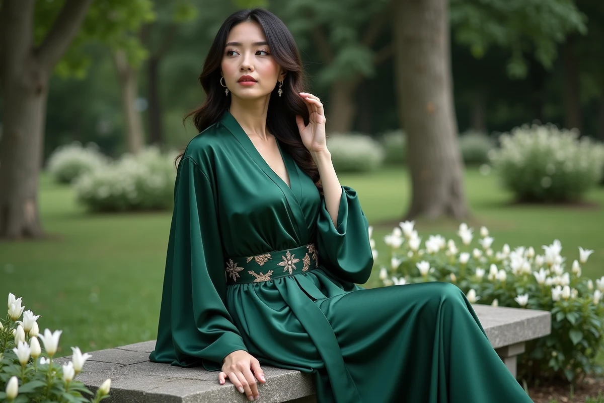 Femme en robe de cérémonie verte dans un jardin fleuri