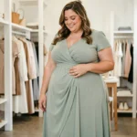 Femme ronde en robe fluide midi vert sauge dans une boutique, illustrant les tenues adaptées au ventre gonflé