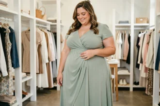 Femme ronde en robe fluide midi vert sauge dans une boutique, illustrant les tenues adaptées au ventre gonflé