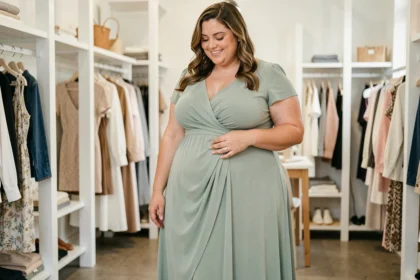Femme ronde en robe fluide midi vert sauge dans une boutique, illustrant les tenues adaptées au ventre gonflé
