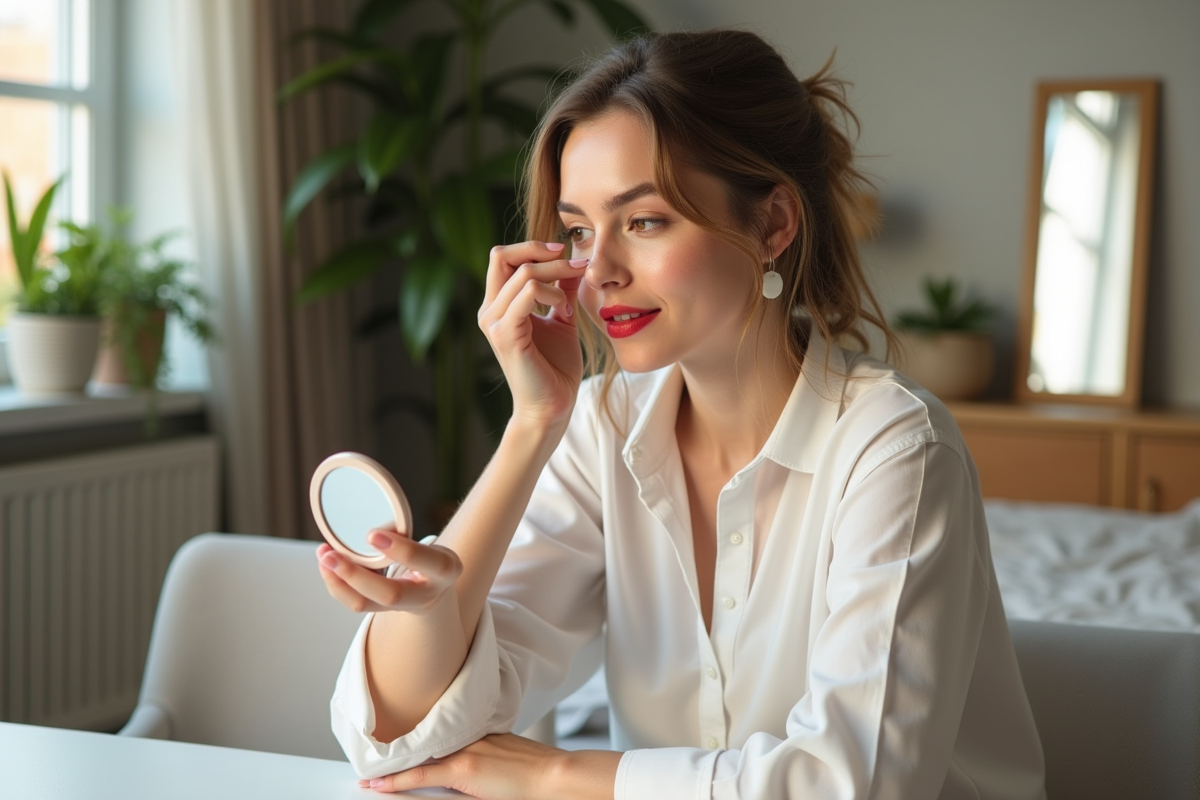 Femme appliquant rouge à lèvres dans un miroir naturel