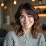Femme souriante avec coupe tendance dans un salon moderne