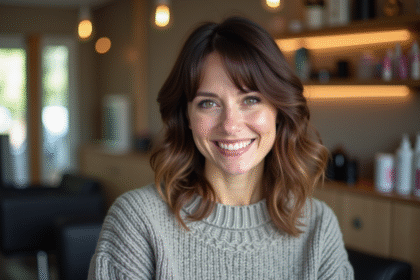 Femme souriante avec coupe tendance dans un salon moderne