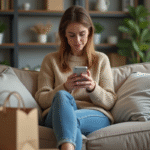 Femme assise sur un canapé avec des cartons et sac de shopping