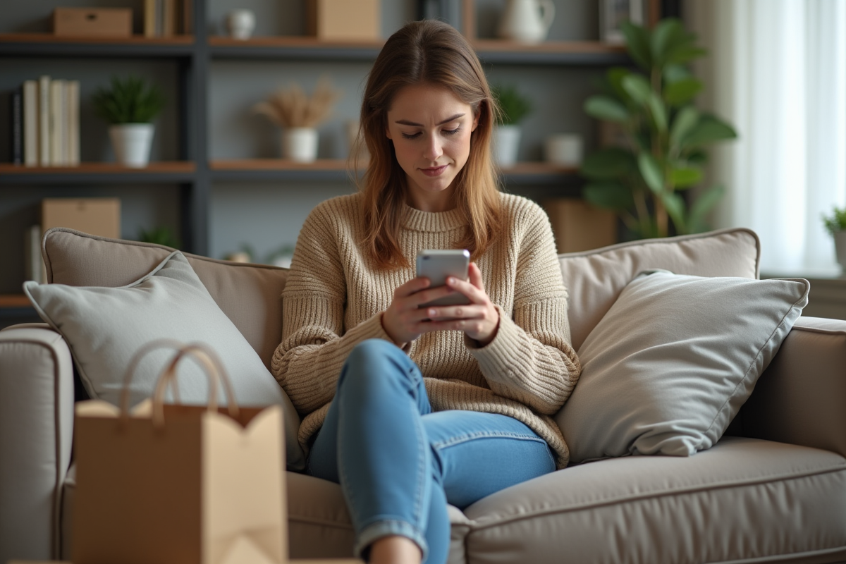 Femme assise sur un canapé avec des cartons et sac de shopping