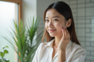 Femme appliquant un serum vitamine B12 sur le visage