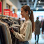 Femme souriante dans un centre commercial en soldes