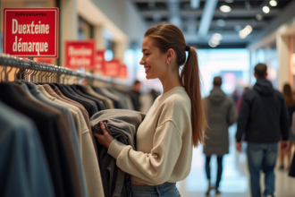 Femme souriante dans un centre commercial en soldes