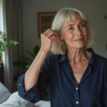 Femme élégante aux cheveux argentés se coiffant dans son miroir