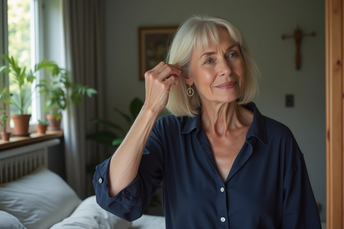 Femme élégante aux cheveux argentés se coiffant dans son miroir