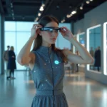 Jeune femme en robe futuriste avec écrans intégrés dans une boutique