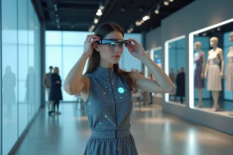 Jeune femme en robe futuriste avec écrans intégrés dans une boutique