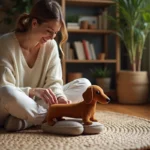 Femme souriante en chaussons dachshund faits main dans un salon chaleureux