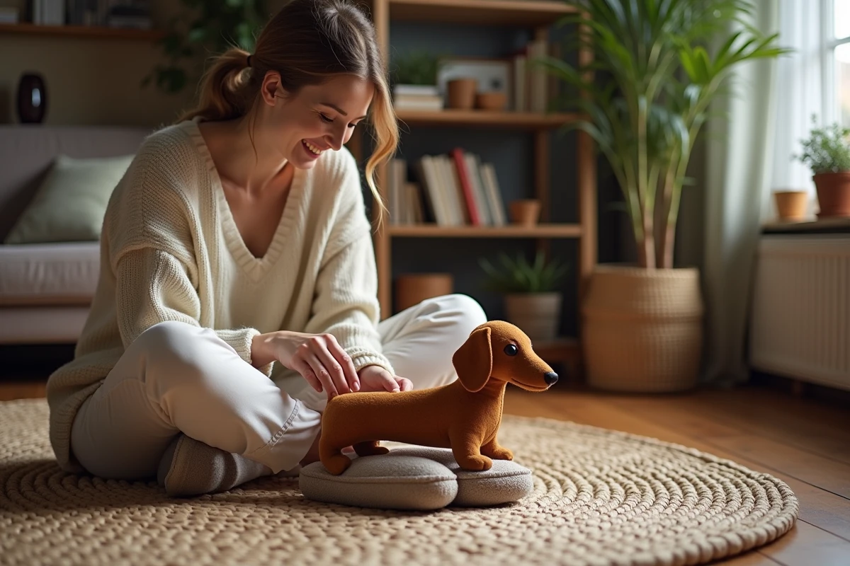 Femme souriante en chaussons dachshund faits main dans un salon chaleureux