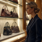 Femme élégante en tailleur navy dans une boutique de luxe