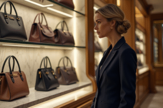 Femme élégante en tailleur navy dans une boutique de luxe