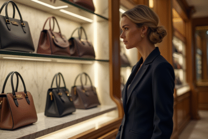 Femme élégante en tailleur navy dans une boutique de luxe