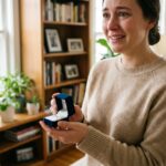 Femme souriante tenant une bague en diamant dans un salon chaleureux