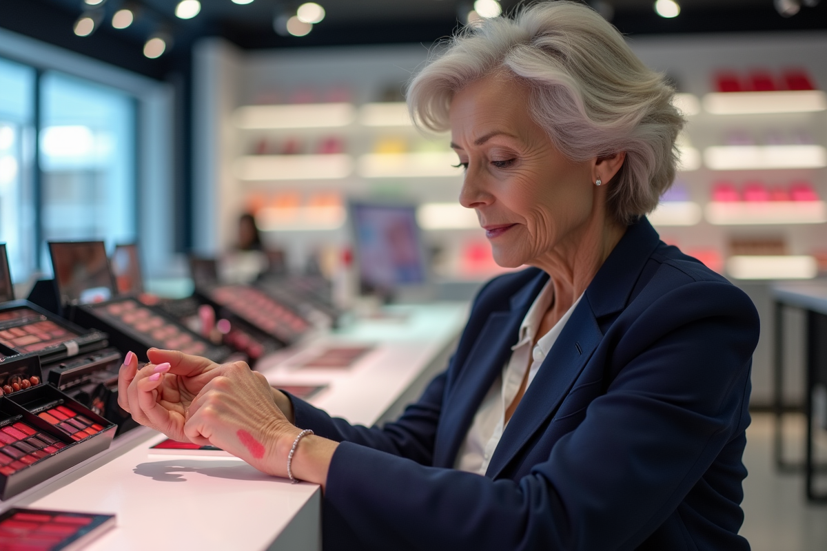 Femme en magasin essayant différents rouges à lèvres