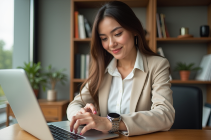 Femme élégante ajustant sa montre en intérieur lumineux