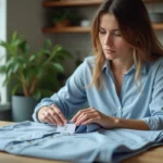 Femme vérifiant une etiquette de securite sur un shirt bleu clair