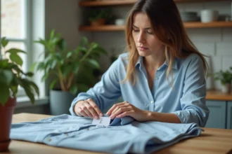 Femme vérifiant une etiquette de securite sur un shirt bleu clair