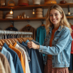 Femme souriante dans une friperie vintage authentique