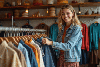 Femme souriante dans une friperie vintage authentique