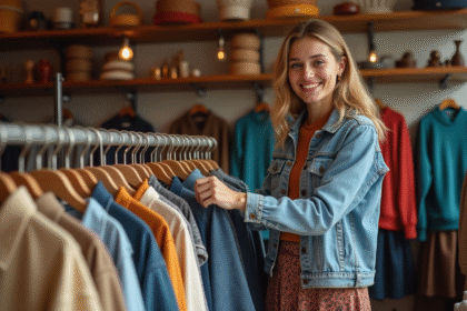 Femme souriante dans une friperie vintage authentique
