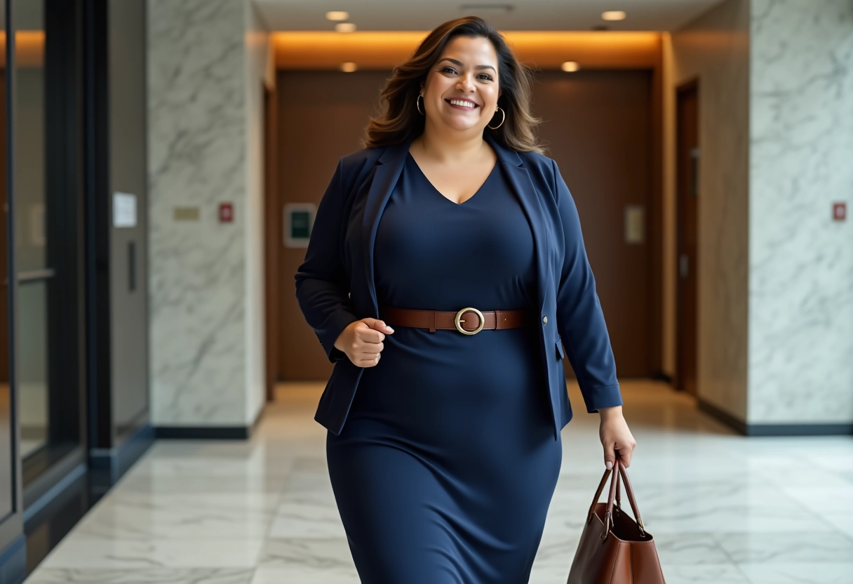 Femme en robe bleue dans le lobby d